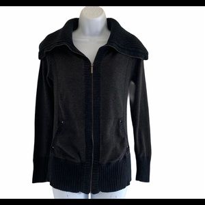 Cache Dark Gray Black Ribbed Fitted Zip Up Sweater